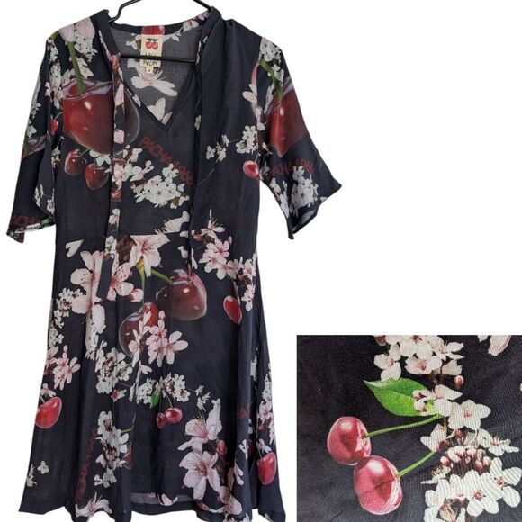 Pacha 1966 Sweet Cherry Tie V Neck Dress S - Picture 2 of 14